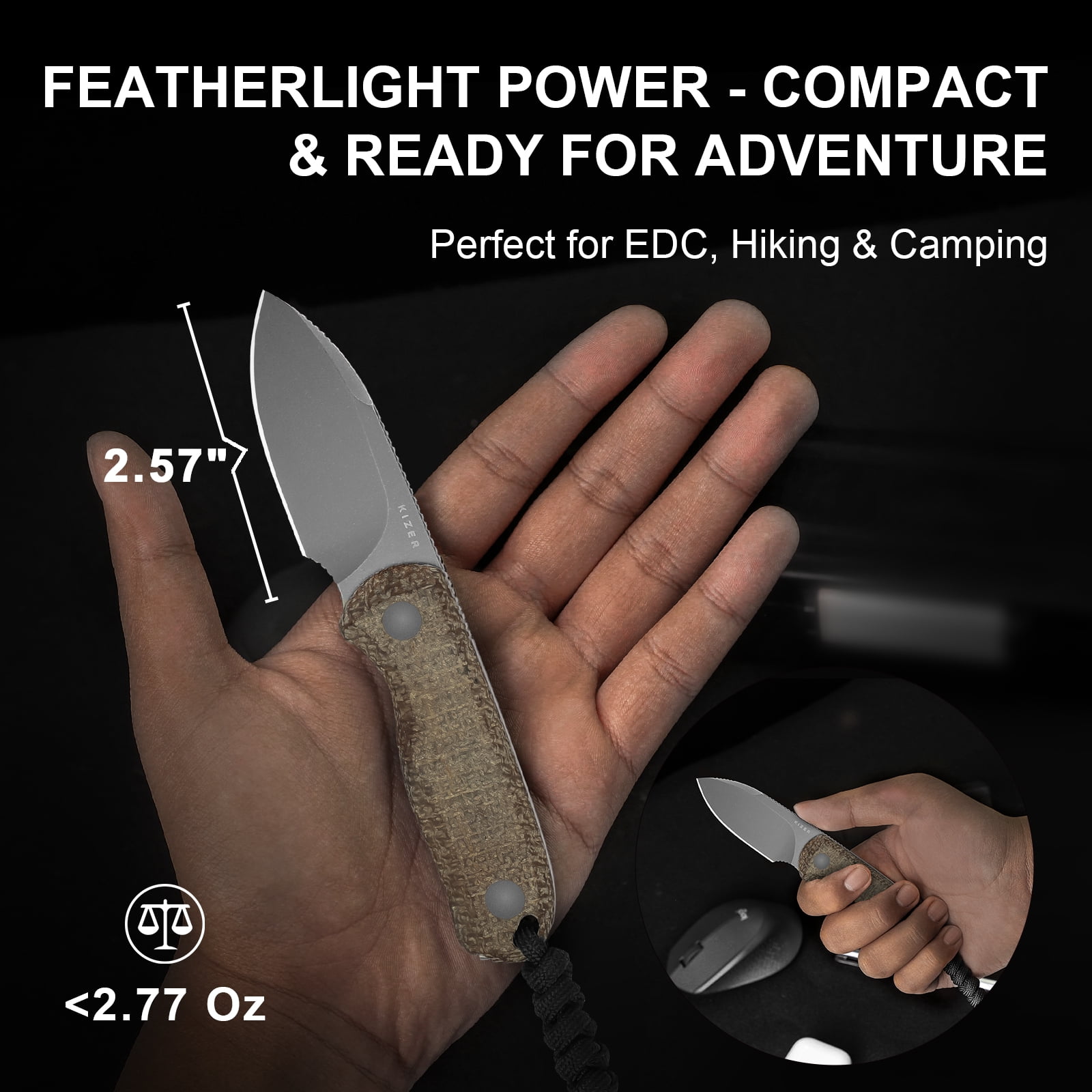 Kizer Fixed Blade Knife Drop Bear, 14C28N Steel Burlap Micarta Handle Pocket Tactical Knives, 1094A1