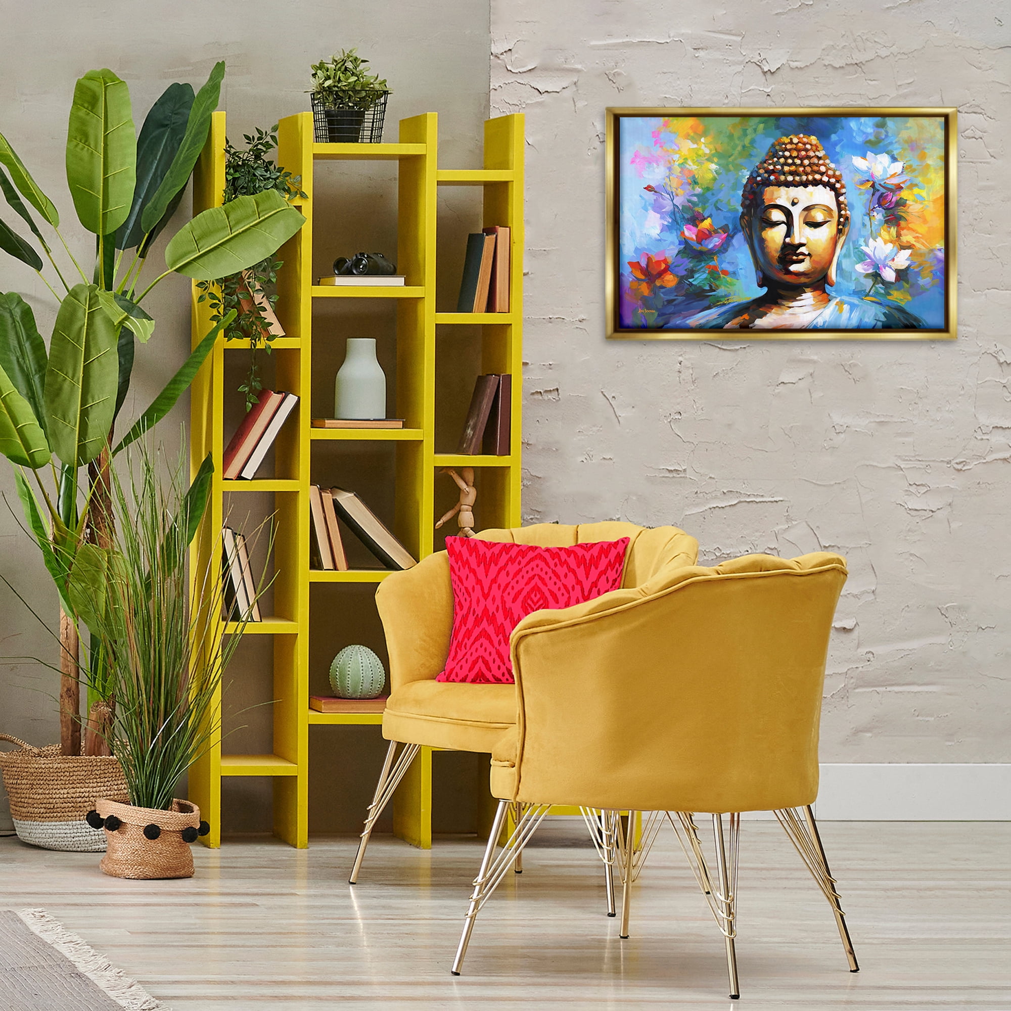 Stupell Industries Buddha with Bright Lotus People Painting Gold Floater Framed Canvas Art Print Wall Art, 25 x 17