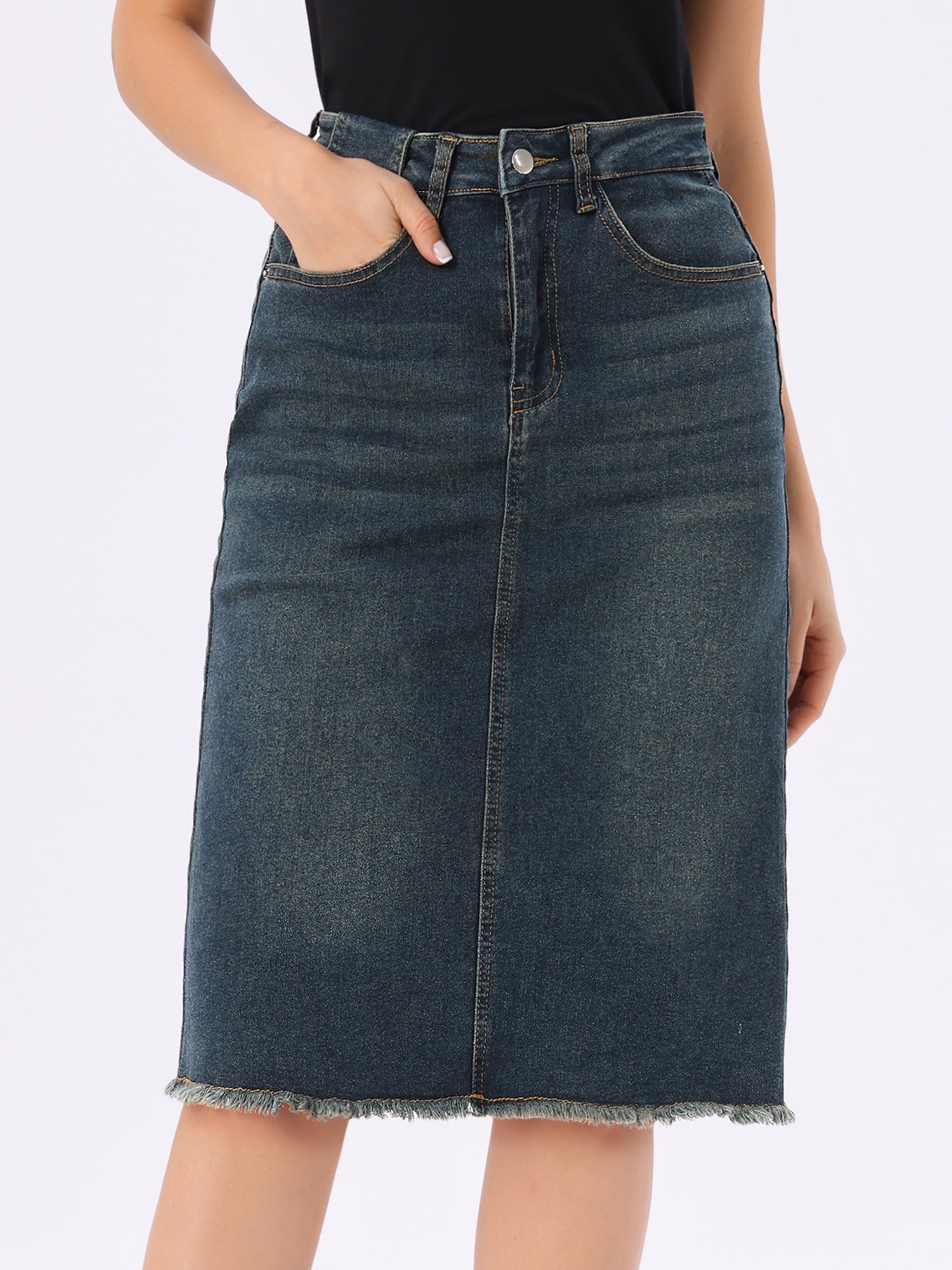 DARING DIVA Women's Back Slit Raw Hem Stretch High Waist Denim Skirt S Dark Gray Blue