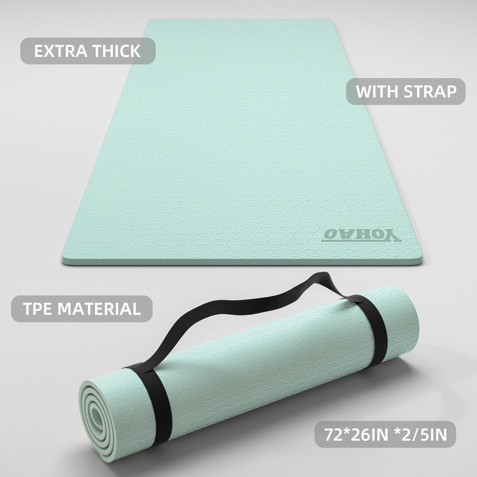 YOHAO Yoga Mat 10mm Thick,72"×26",Non-Slip Eco TPE,Strap included for Travel,Pilates and Fitness Workout(Matcha Green)