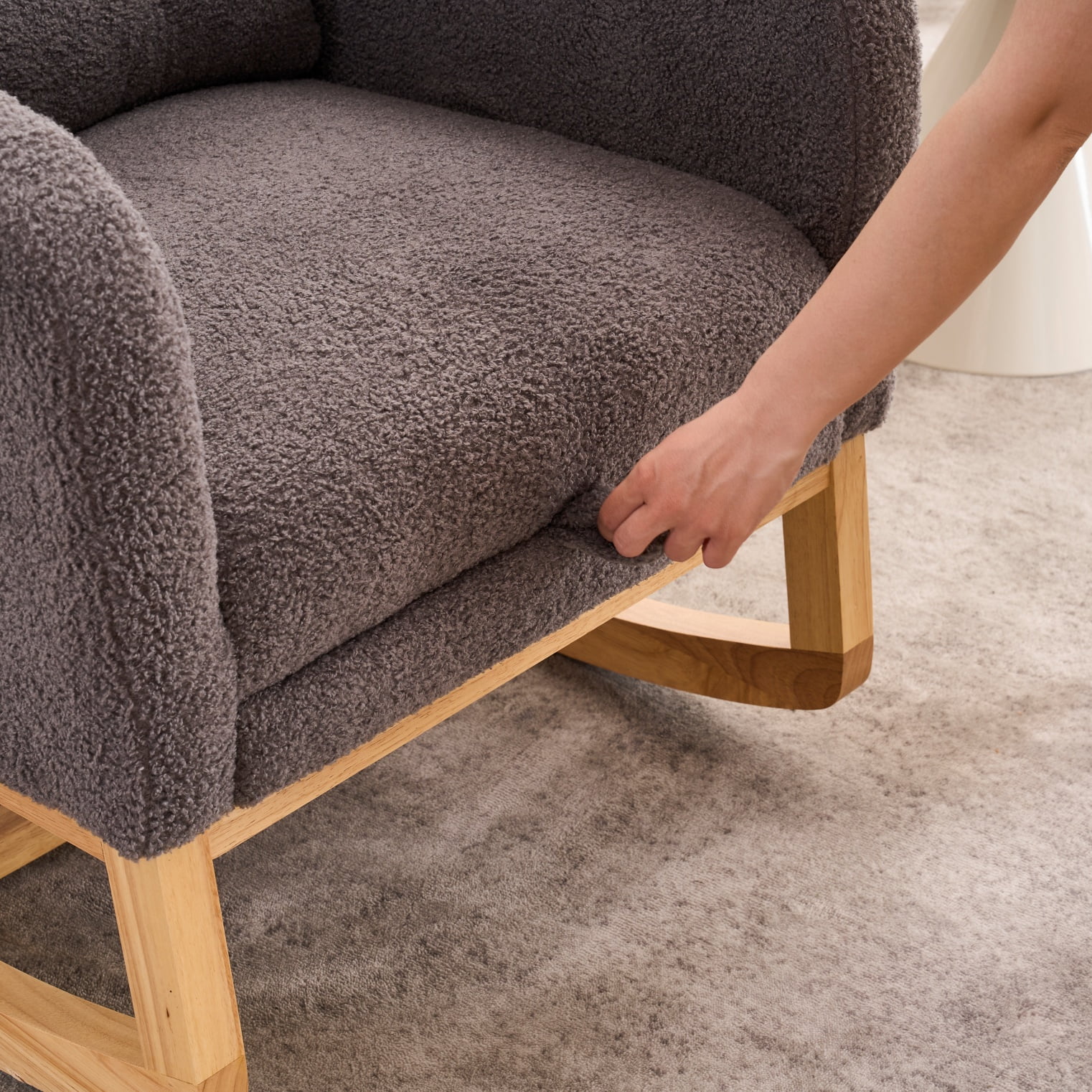 Rocking Chair with Footrest, Dark Gray Accent Chair High Back Rocker with Storage Pocket, Rubber Wood Rocking Chair for Living Room Nursery Bedroom