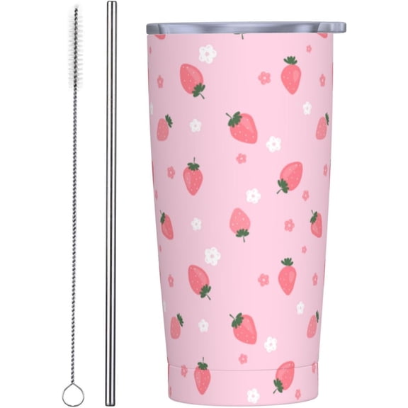 Strawberry Flower Tumblers, Pink Strawberry 20oz Stainless Steel Insulated Travel Tumbler,Travel Coffee Mug with Lid and Straw Cups Gifts for Women Men