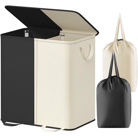 Doble Cesto de la Colada con Tapa y Bolsas Extraíbles para la Ropa, Pongotodo Plegable para la Ropa Sucia con 2 Separadores y Asas, para el Dormitorio, Lavadero, Armario, Baño, Blanco y Negro