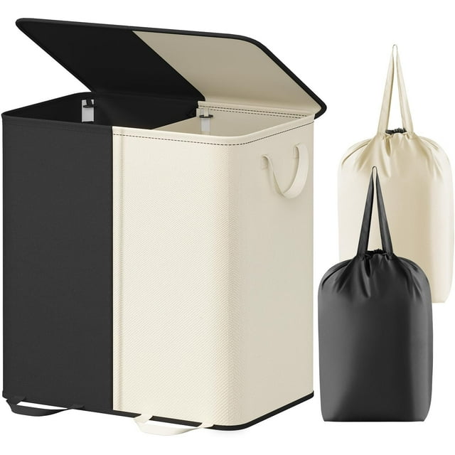 Doble Cesto de la Colada con Tapa y Bolsas Extraíbles para la Ropa, Pongotodo Plegable para la Ropa Sucia con 2 Separadores y Asas, para el Dormitorio, Lavadero, Armario, Baño, Blanco y Negro