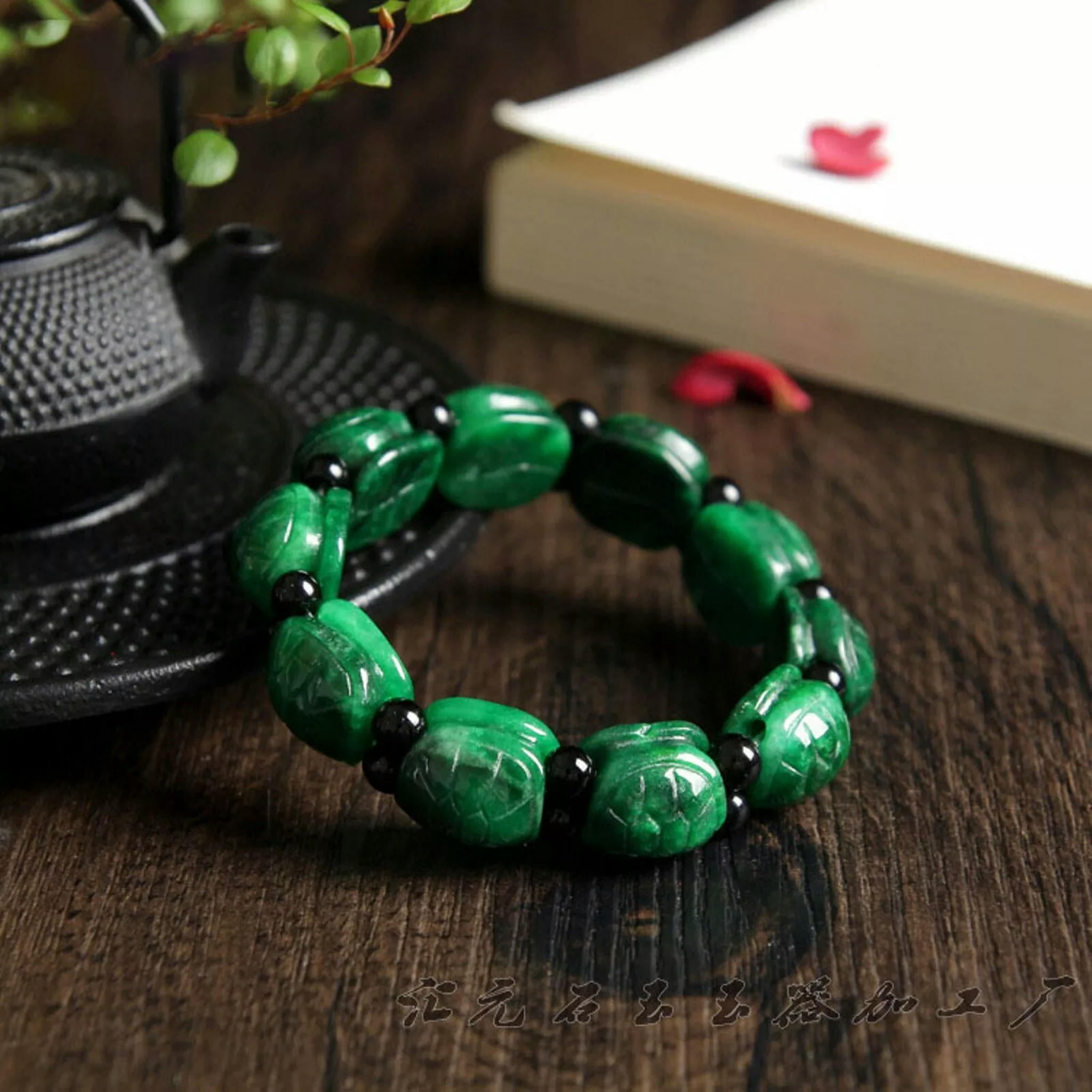 HOOUN Natural Jade Jadeite Bangle Women Lucky Green Turtle Shell Beaded Bracelet