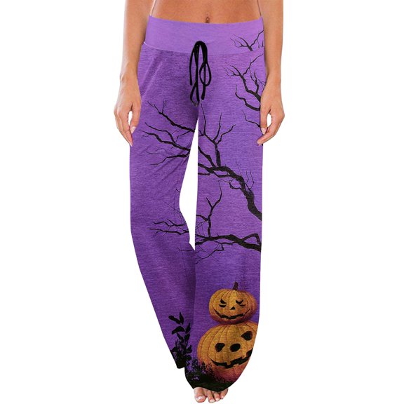Domzest Halloween Pajama Pants Women Pumpkin Ghost Bat Graphic Drawstring Elastic Waisted Sleepwear Wide Leg Cute Pajama Bottoms Dark Purple M