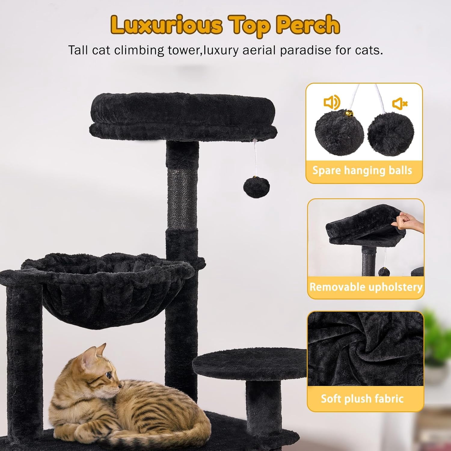 GOXIFACHOY Tall Cat Tree,63in Multi-Level Cat Tower for Indoor Cats Large Adult,Gothic Cat Stand with Scratching Posts,Basket,Condo,Plush Perch,Cats Toys for Climbing,Interactive and Hidden,Black