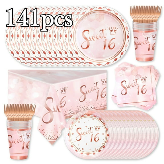 141Pcs/20Sets Rose Gold Sweet 16 Party Set-Party Tableware Set Including Sweet 16 Plates And Napkins Cups Knives Forks, Rose Gold Tablecloth Serves 20, Sweet 16 Party Decorations For Boys And Girls
