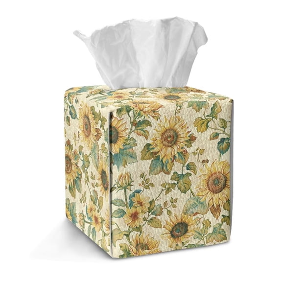 FKELYI Retro Sunflower Print Tissue Box Cover PU Leather Tissue Holder Squared Facial Paper Organizer Holder for Home Bedroom Living Room Tabletop Decor