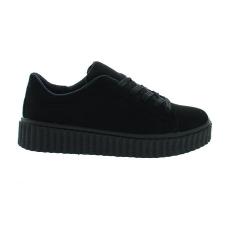 Black Synthetic Suede Footwear - Caleb02 by Wild Diva, Black Suede Lace Up Sneaker w Rubber Texture Ridges Thick Platform Sole
