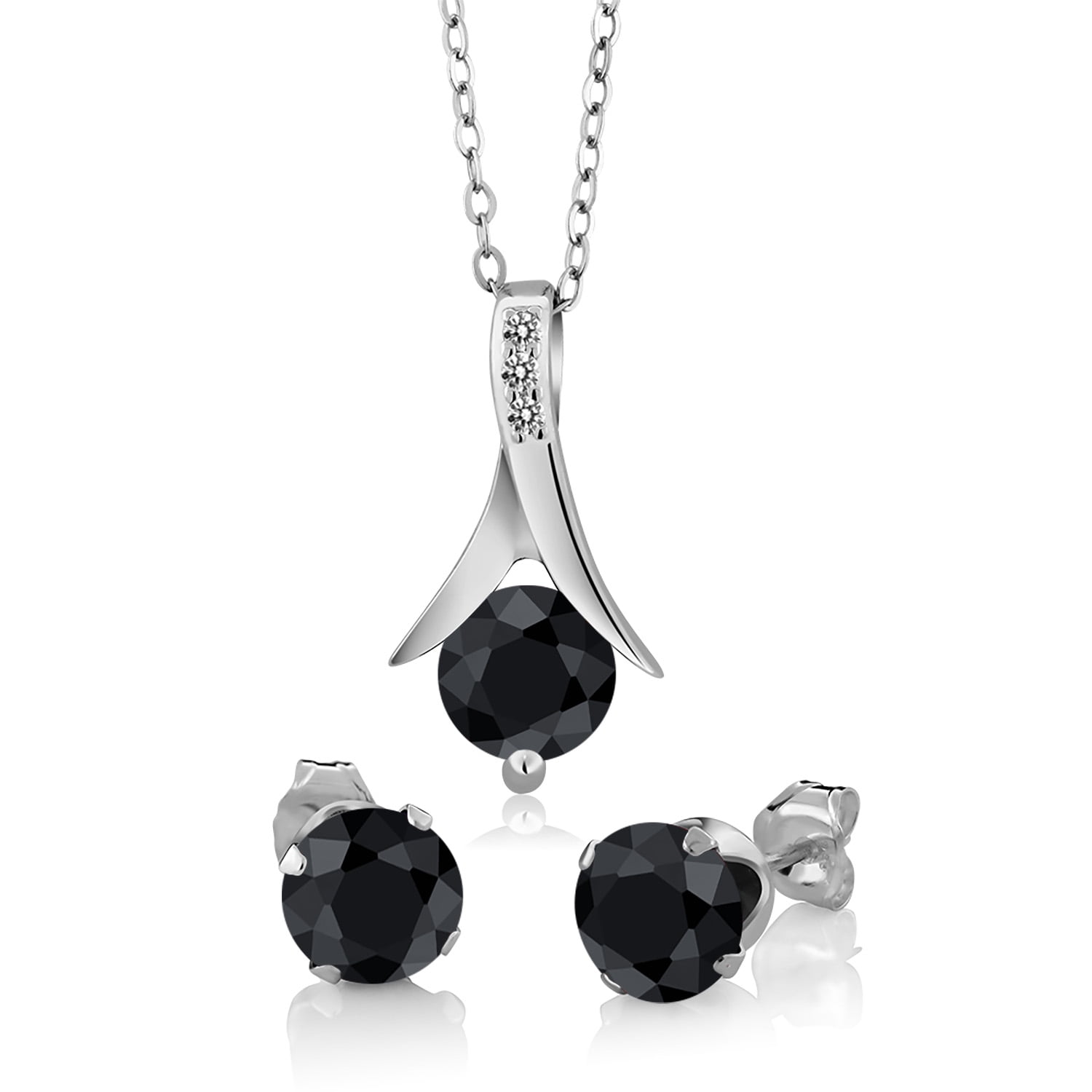 Gem Stone King 3.50 Ct Black Sapphire White Diamond 925 Sterling Silver Pendant and Earrings Jewelry Set