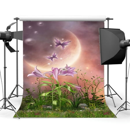 Image of ABPHOTO 5x7ft Photography Backdrop Dreamy World Fairy Tale Blooming Flowers Grass Field Bokeh Moon Night Fantasy Landscape Backdrops Seamless Baby Kids Children Adults