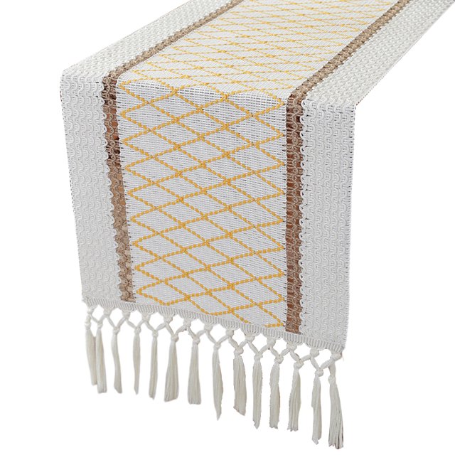 Table for Home Decor with Tassels 72 Inches Long Farmhouse Rustic Table Runner Cream & Brown Macrame Burlap Fall Table Decoration for Living Room Bridal Shower (12x72 Inches)