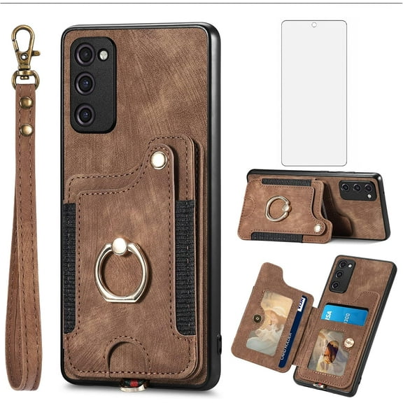 Phone Case for Samsung Galaxy S20 FE 5G 6.5 inch Wallet Cover with Screen Protector Wrist Strap Lanyard RFID Card Holder Ring Stand S 20 EF UW S20FE5G S20FE 20S S2O Fan Edition 4G G5 Women Men Brown