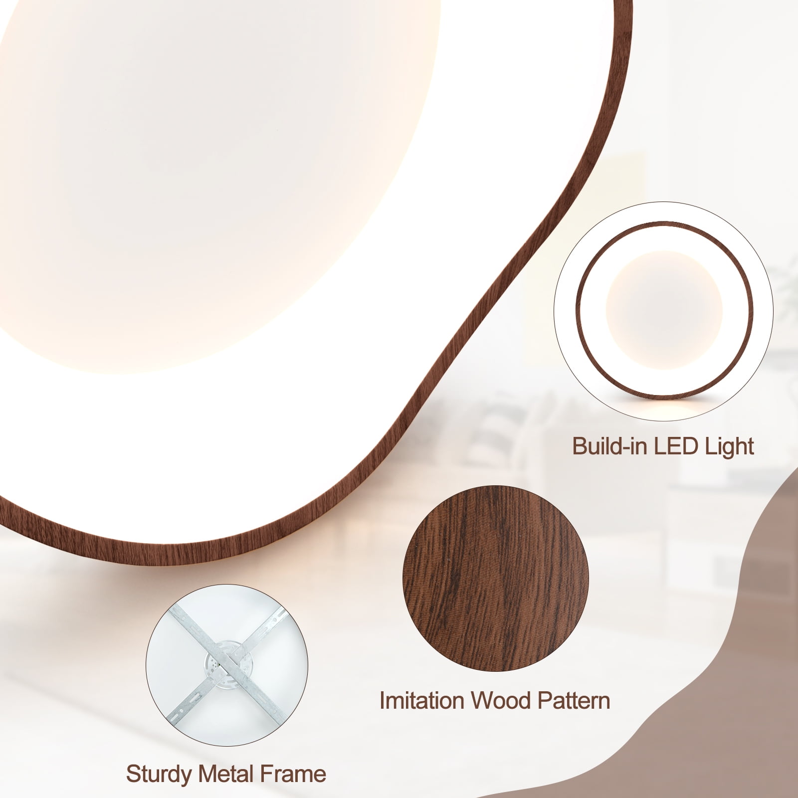 Giantex Round LED Flush Mount Ceiling Light, Ceiling Lamp w/Metal Frame, Brown