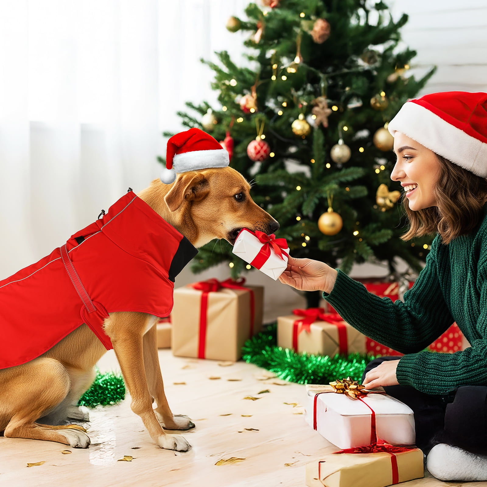 MASBRILL Dog Winter Coat , Waterproof Turtleneck Fleece Jacket with Harnsss for Small to Large Dogs, Warm Reflective Christmas Gift Dog Vest Pet Apparel, Red