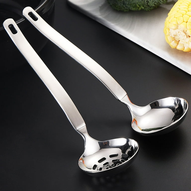  Collfa Soup Ladle Metal SUS304 Stainless Steel Ladles Spoon And  Slotted Colander Spoon Set Small Soup Ladle With Holes Strainer Scoop Ladles  For Serving Gravy Hot Pot Or Restaurant,2 Piece Set