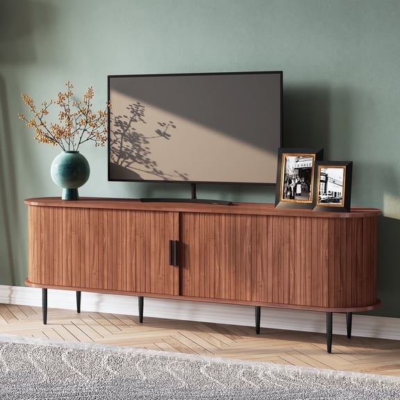 HLR 70" Mid Century TV Stand with Tambour Door for TVs up to 80", Entertainment Center with Storage, Brown