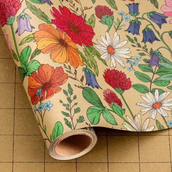 MAYPLUSS Kraft Floral Wrapping Paper Roll, Wildflower Wrapping Paper for Girl Women, Vintage Colorful Flower Gift Wrap for Wedding Birthday, Mother's Day, All Occasions (Mini Roll, 17 In X 16.5 Ft)
