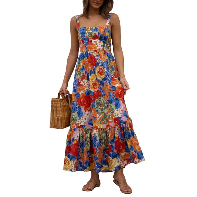 TRKIYQC Vestido sin mangas floral para mujer Dobladillo con volantes Vestido largo de fiesta sin espalda de verano para cóctel Ropa de calle de playa TRKIYQC moda