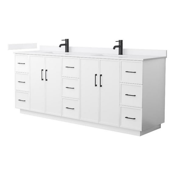 Wyndham Collection WCH747484DWBWCUNSMXX 84 in. Elan Double Bathroom Vanity with Toe Kick in White, White Cultured Marble Countertop - Undermount Square Sink - Matte Black Trim