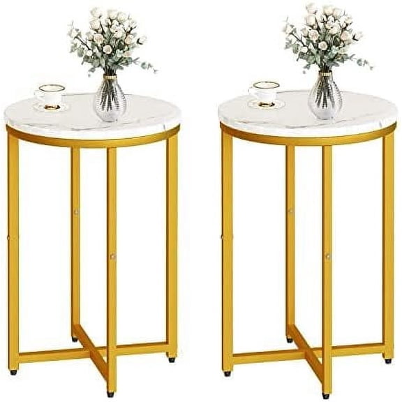 MOOSENG Set of 2 Round Side White Table | Modern Nightstand End Table with Gold Metal, Frame&Faux Marble Top | Accent Bedside Table for Living Room Bedroom with Storage Open Shelf