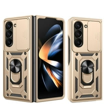 for Samsung Galaxy Z Fold 7 5G Case, with Ring Kickstand and Screen Protector, Heavy Duty Protection Shockproof Rubber PC Phone Back Cover for Samsung Galaxy Z Fold 7 with Sliding Cover, Gold