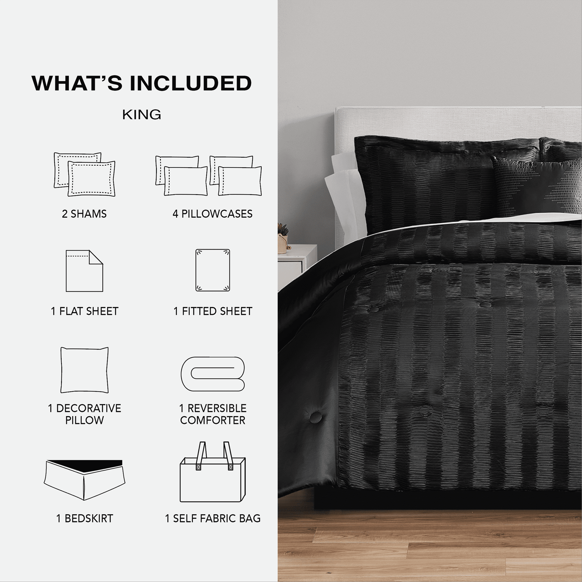 Mainstays 11-Piece Bed in a Bag Comforter Set with Sheets, Black Satin, King, Unisex