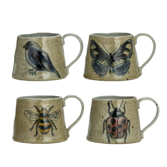 Creative Co-Op Stoneware Mug Set with Insect and Bird Designs, Multicolor, Set of 4