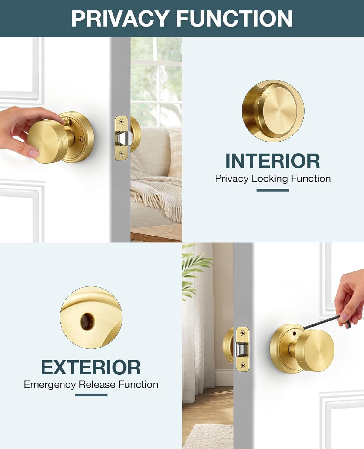 Klamerit Privacy Brushed Gold Door Knobs Heavy Duty Zinc Alloy Round Interior Door Knobs with Lock,for Bathroom & Bedroom