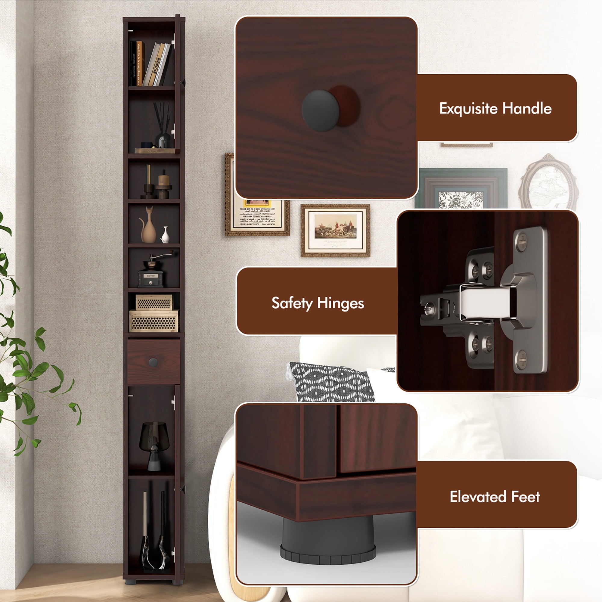 Gymax Tall Slim Bathroom Storage Cabinet Linen Tower w/Drawer Adjustable Shelves Brown