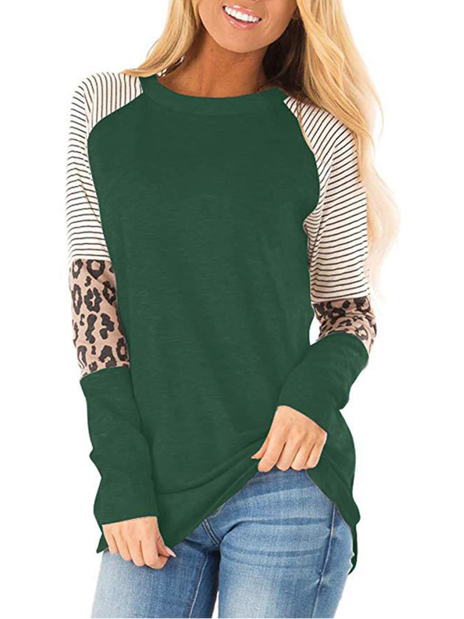 Women Casual T Shirts Leopard Print Stripe Splicing Long Sleeve Pullover Tops Fashion Colorblock Tunic Blouses 