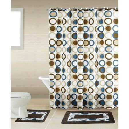 Sami Brown & Blue Circle 15-Piece Bathroom Accessory Set: 2 Bath Mats, Shower Curtain & 12 Fabric Covered