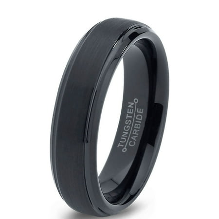 Charming Jewelers Tungsten Wedding Band Ring 6mm for Men Women Comfort Fit Black Beveled Edge Brushed Lifetime