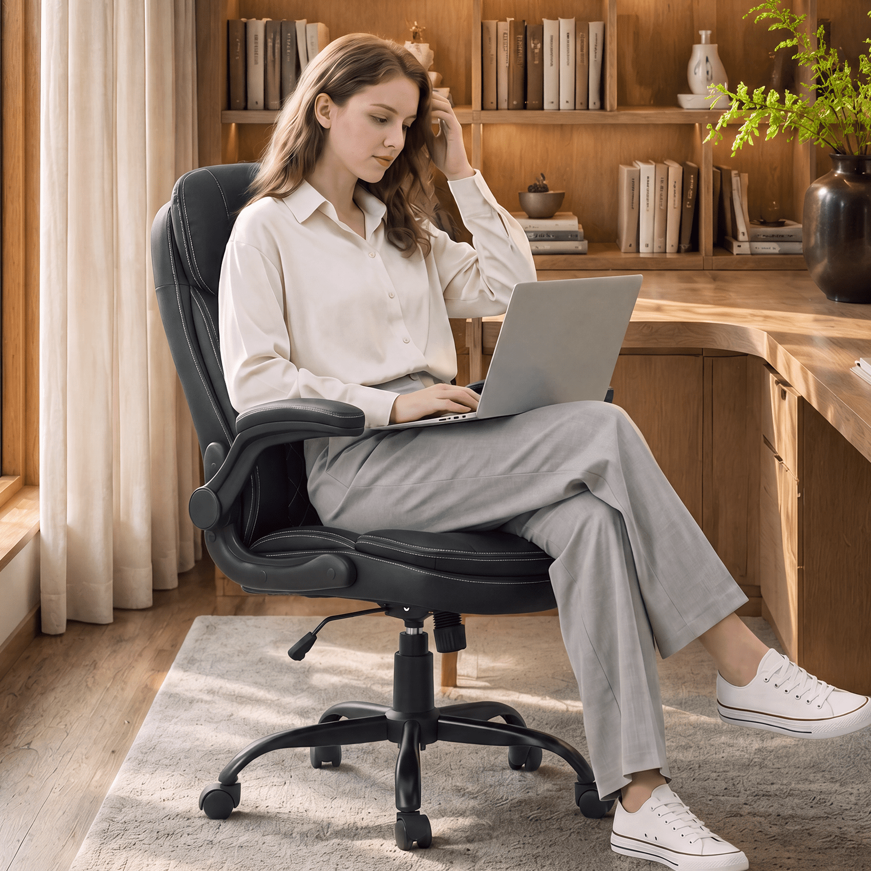 COOLHUT 400LBS Big and Tall Office Chair, Executive PU Leather Desk Chair Thick Seat Cushion and Neckrest, Support 8 Hours Heavy Duty Design, 8-Years Warranty, Black