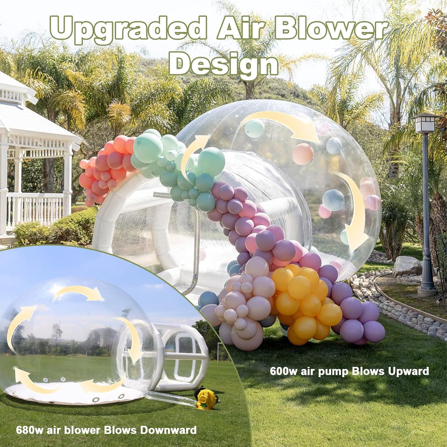 OFFMUST 10ft Inflatable Bubble House Tent with Blower & Air Pump, Hybrid PVC & TPU Crystal Clear Dome for Balloons, 360° Panoramic View Inflatable Tent for Weddings, Gender Reveals & Photography