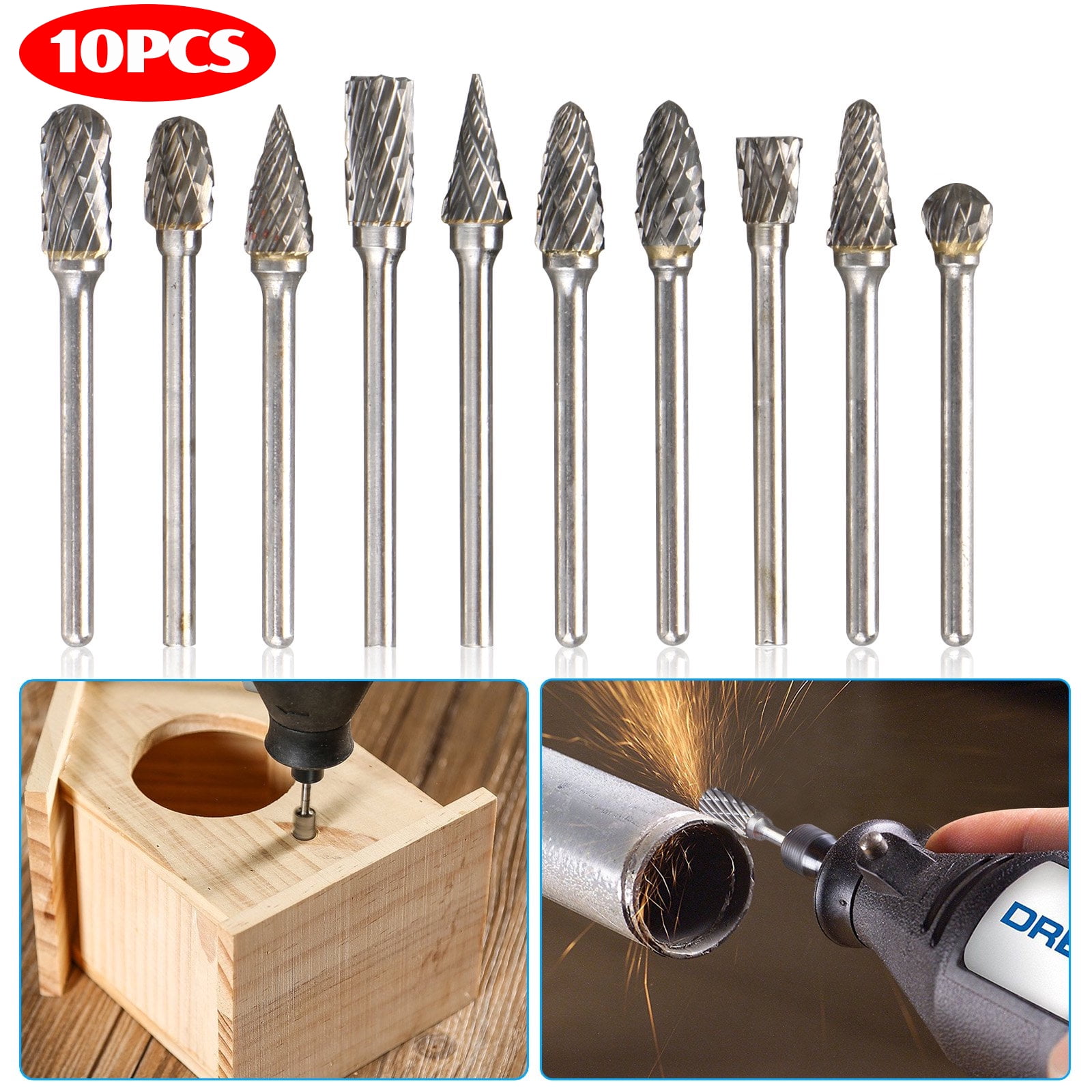 10Pcs Carbide Steel Carving Cut Drill Bits Rotary Tool 1/8" Shank Cylinder Shape 