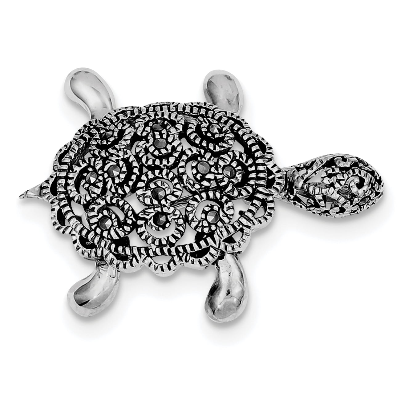 925 Sterling Silver Rhodium-plated Marcasite Turtle Pin