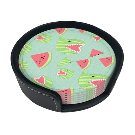 

Round Pu Leather Coaster Shark Watermelon Heat - Resistant Beverage Cup Mat-Fancy Decor For Kitchen Office Dining Room Table - Drink Protector 6-Slice
