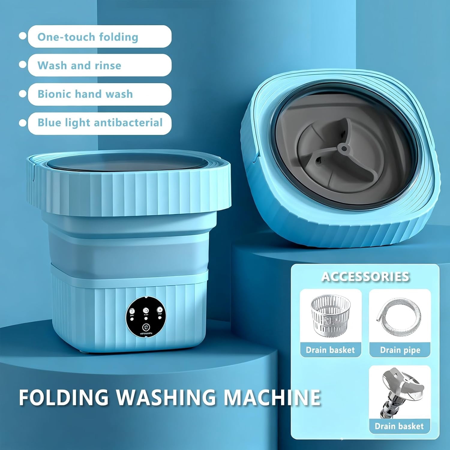 Portable Travel Washing Machine, 11-Liter Mini Foldable Washer with Spin Dry Function, Compact, Ideal for Apartments Dormitories Hotels, Camping