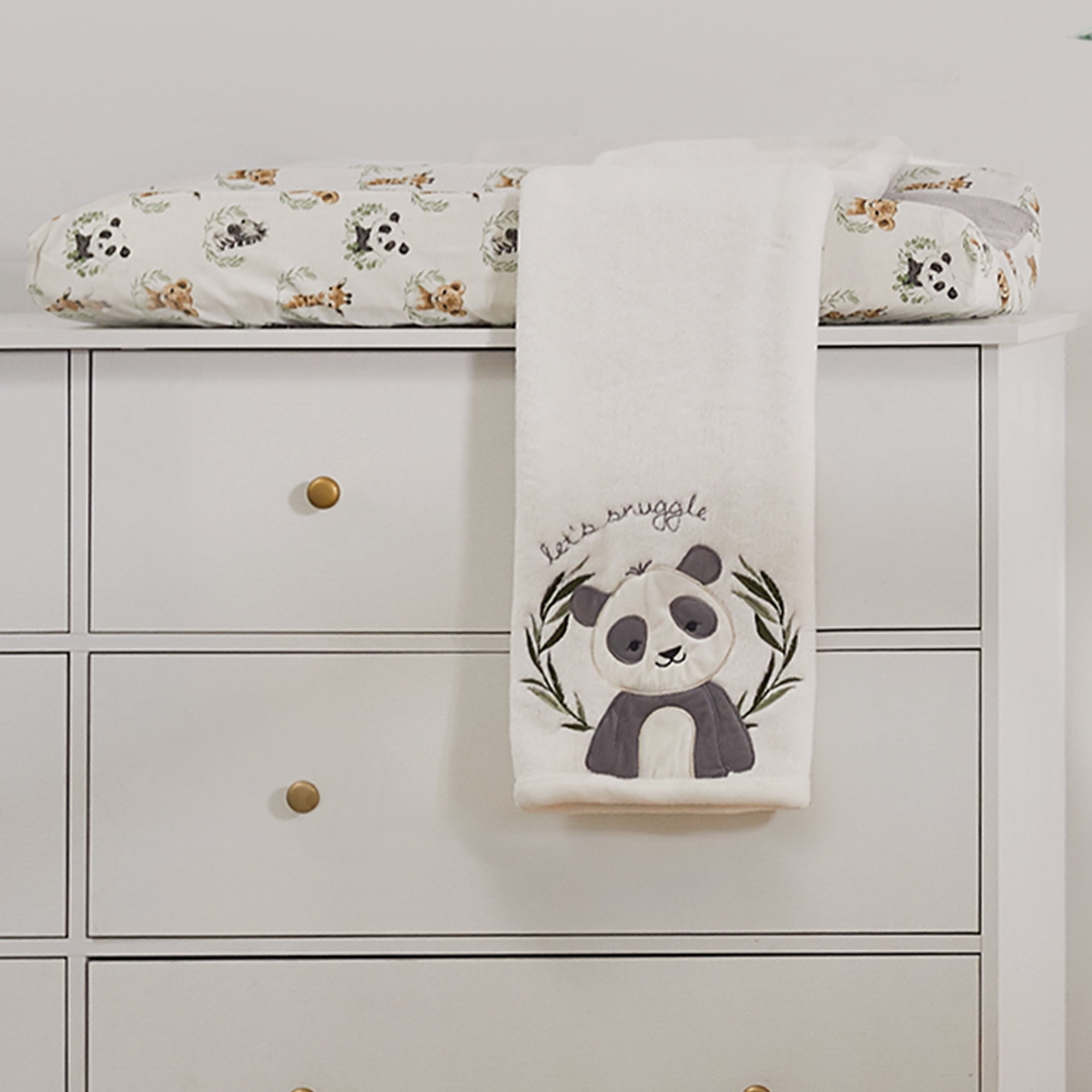 Levtex Baby - Mozambique Plush Blanket - Appliqued and Embroidered Panda on Cream Plush - Cream, Grey and Green - Nursery Accessories - Blanket Size: 30 x 40 in.