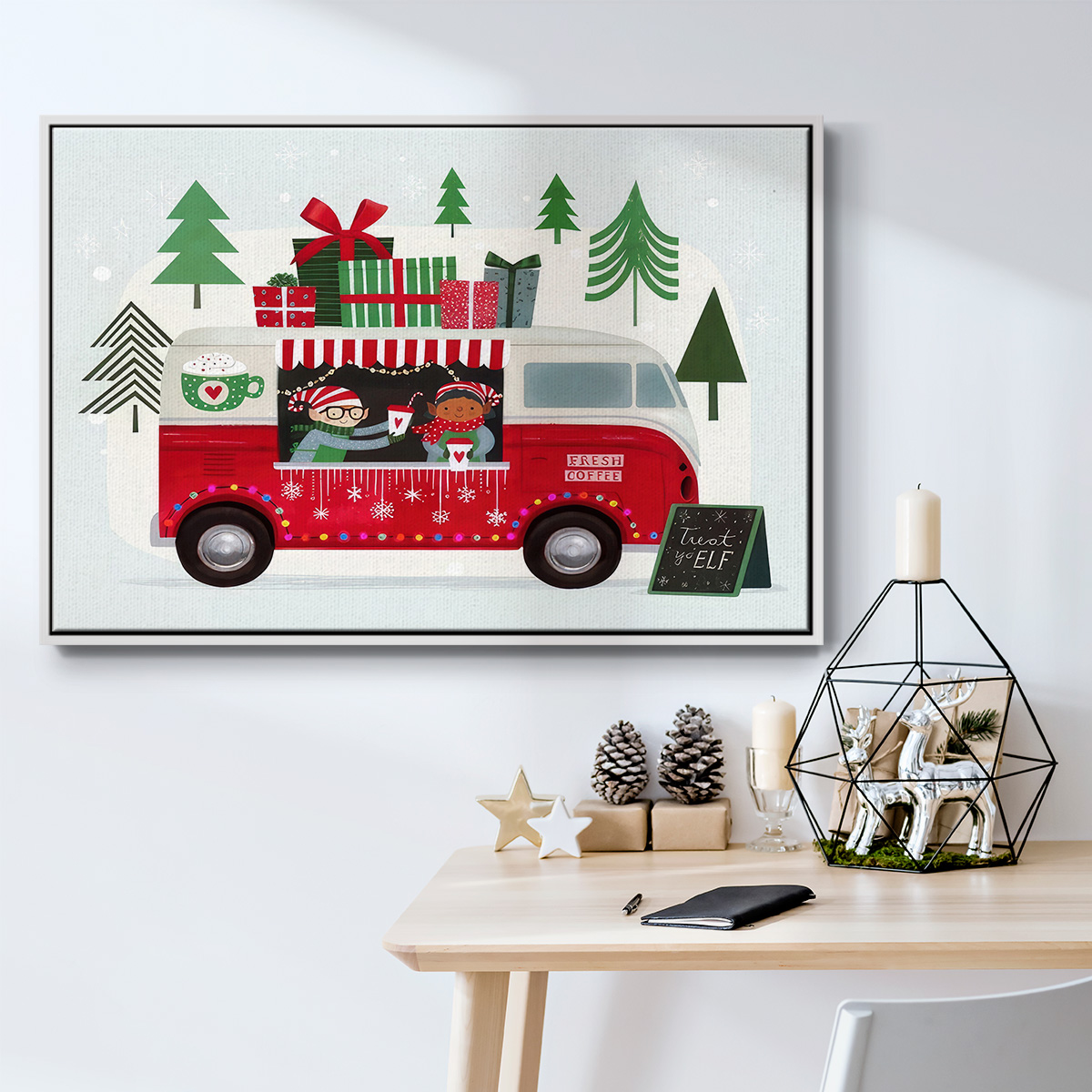 Santa's Foodtruck Collection A - Framed Gallery Wrapped Holiday Canvas - 27 x 41 - White Frame