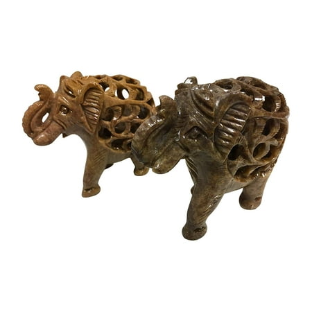 Figurine Handmade Sculpture - Collectable Handmade Soapstone Elephant with Baby Indian Carving Sculpture Figurine Statue - Set of 2