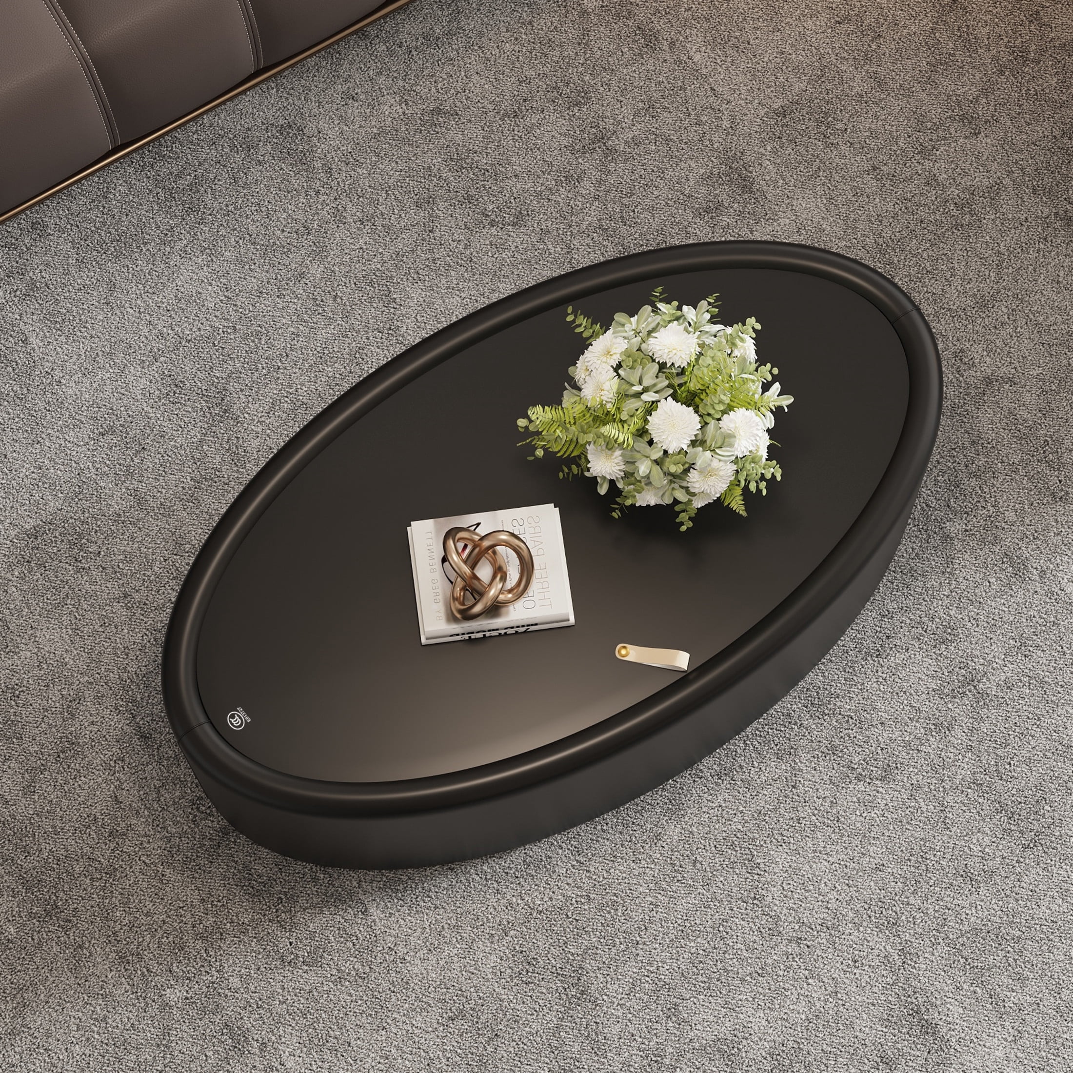 Noble House Morade 33.5" Fluted Oval Storage Coffee Table with Glass Top & Leather Wrapped for Living Room, Black