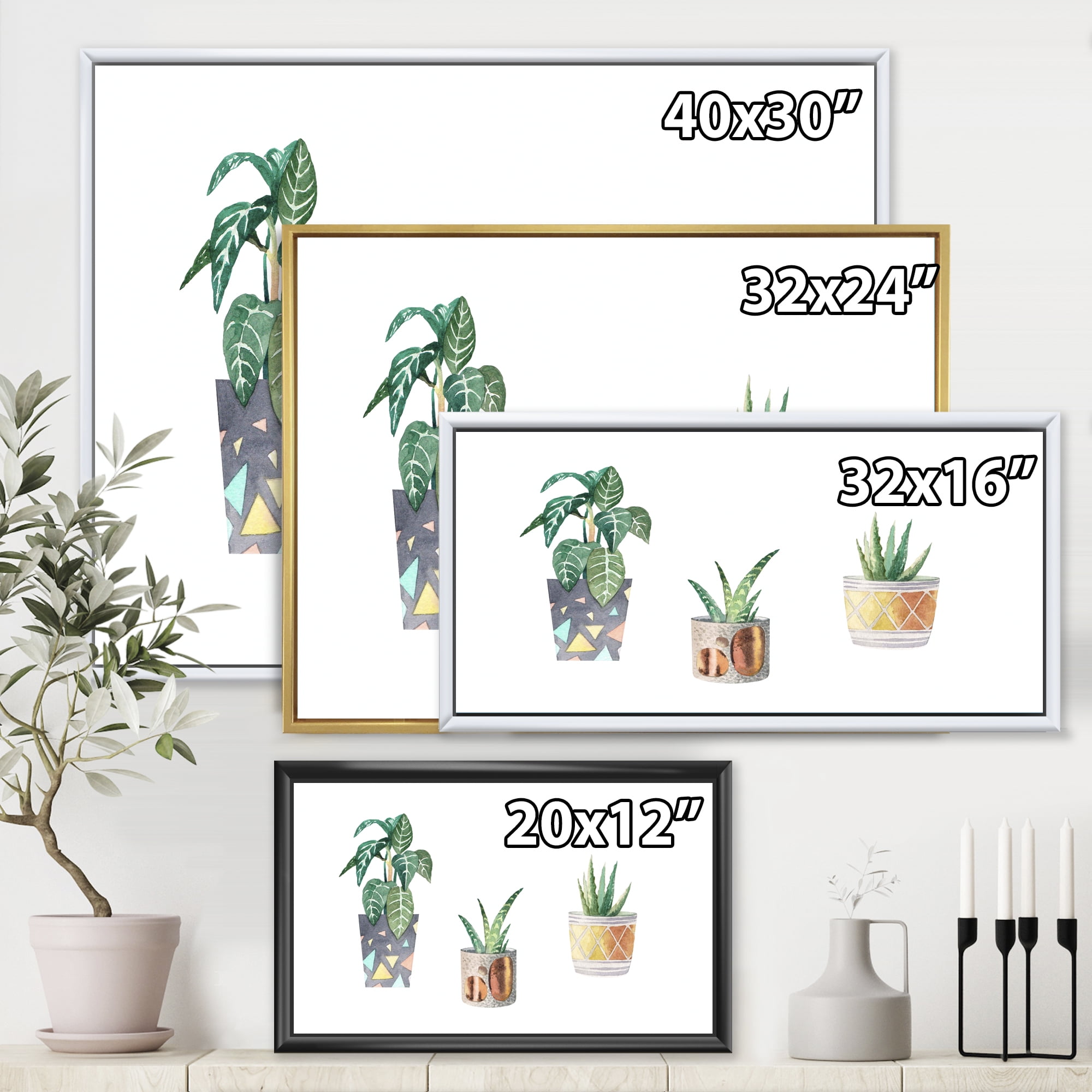 Designart 'Three Potted Houseplants On White' Traditional Framed Canvas Wall Art Print