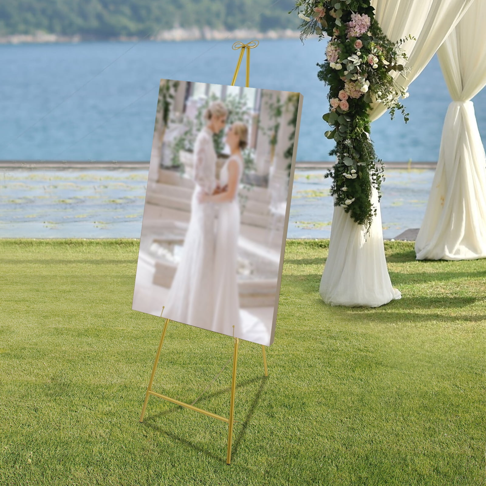 Gold Display Easel Stand 5.4ft Tall Adjustable Art Easel with 23.6in Chain & Hook 11 lbs Capacity Floor Standing Poster Easel