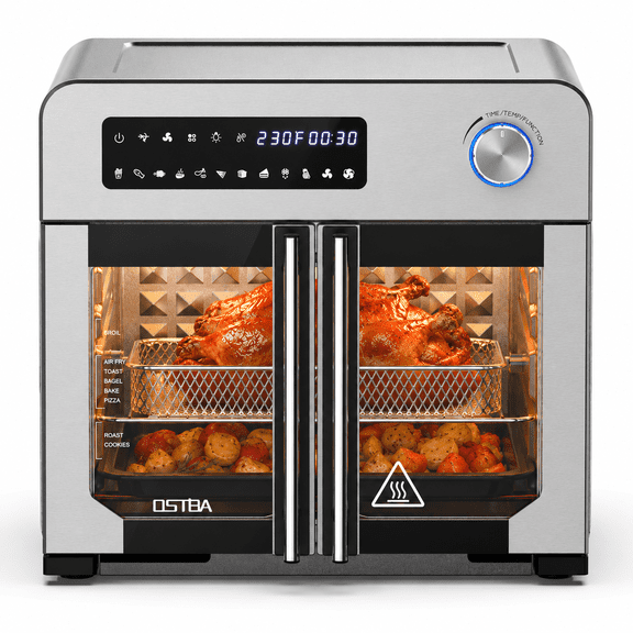 OSTBA French Door Air Fryer Toaster Oven Combo, 24QT 10-in-1 Countertop Convection Oven, Stainless Steel Air Fryer Oven with 7 Accessories, 102 Recipes, Faster Cooking, Less Oil