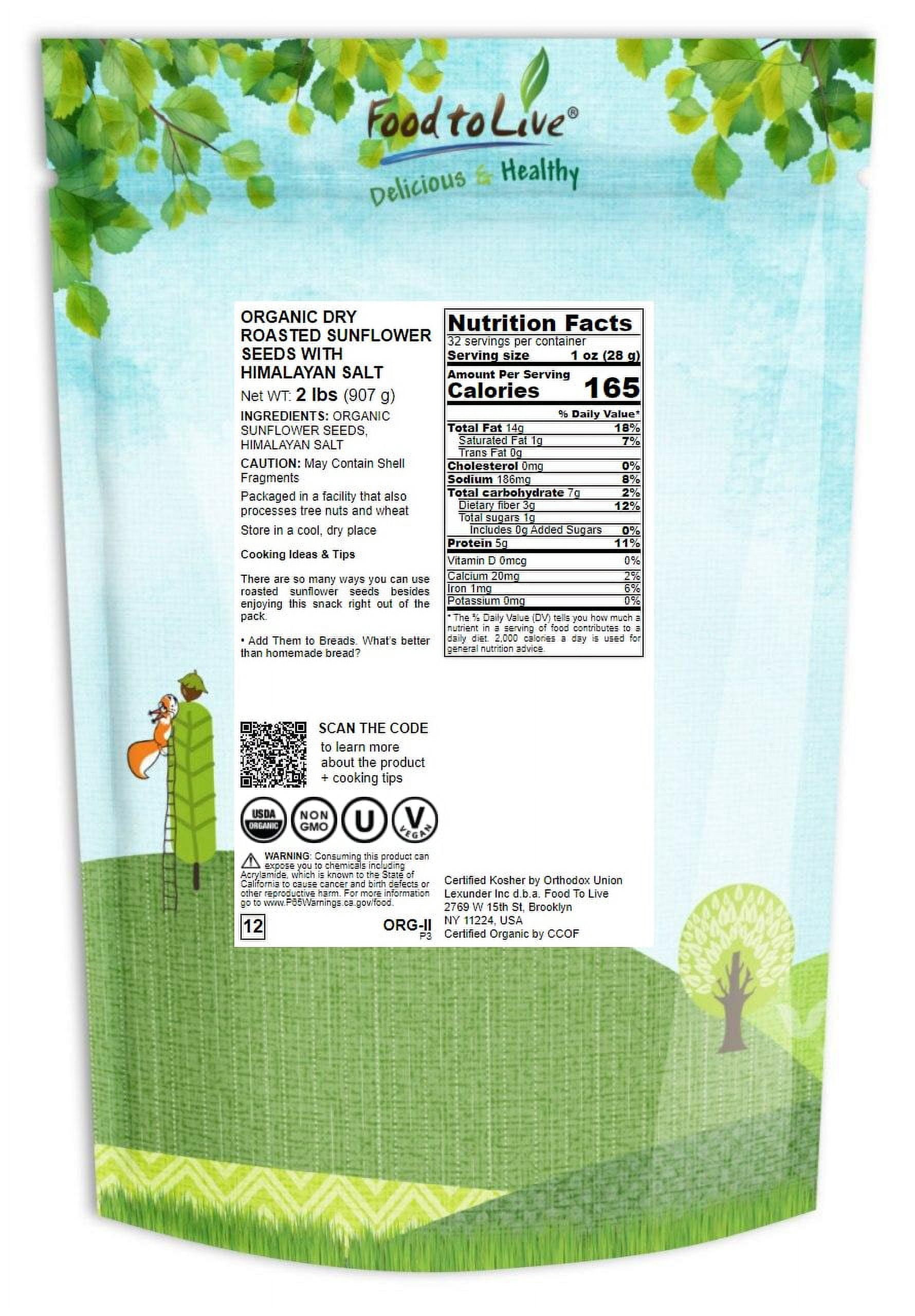 Organic Dry Roasted Sunflower Seeds with Himalayan Salt, 2 Pounds — Non-GMO, Kosher, Raw, Vegan — by Food to Live