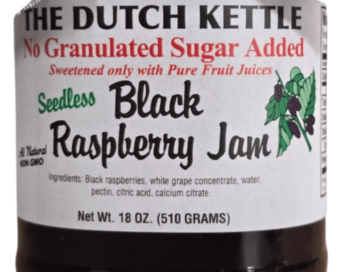Dutch Kettle Amish Homestyle Black Raspberry No Sugar Added Jam 2-19 Oz Jars with Added Craft Jar Toppers