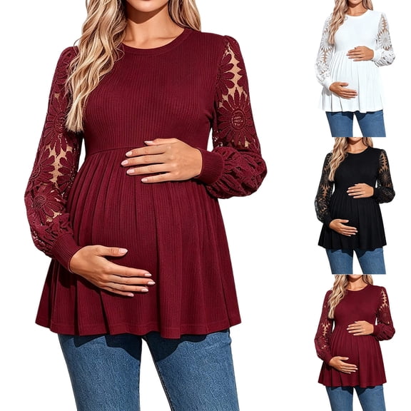 Fancifize Ribbed Knit Lace Long Sleeve Shirts for Maternity, Women's Crewneck Trendy Elegant Tops